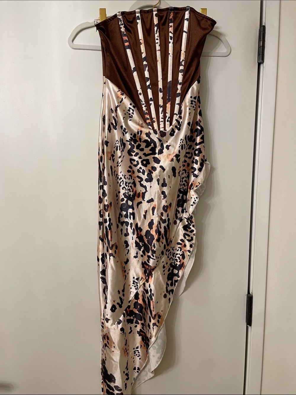 Asymmetrical Leopard-Print Satin Dress in Cream and Brown